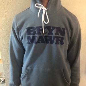 heather slate hoodie with blue letters